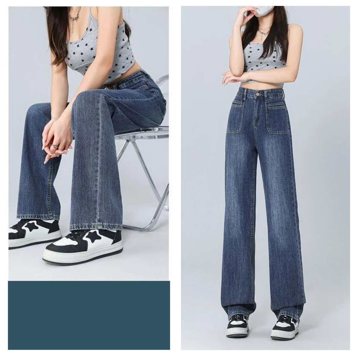 

Blue Women's Straight Leg Jeans Commute Slim High Waist Denim Trouser Korean Basics Versatile For Daily Use Pants New