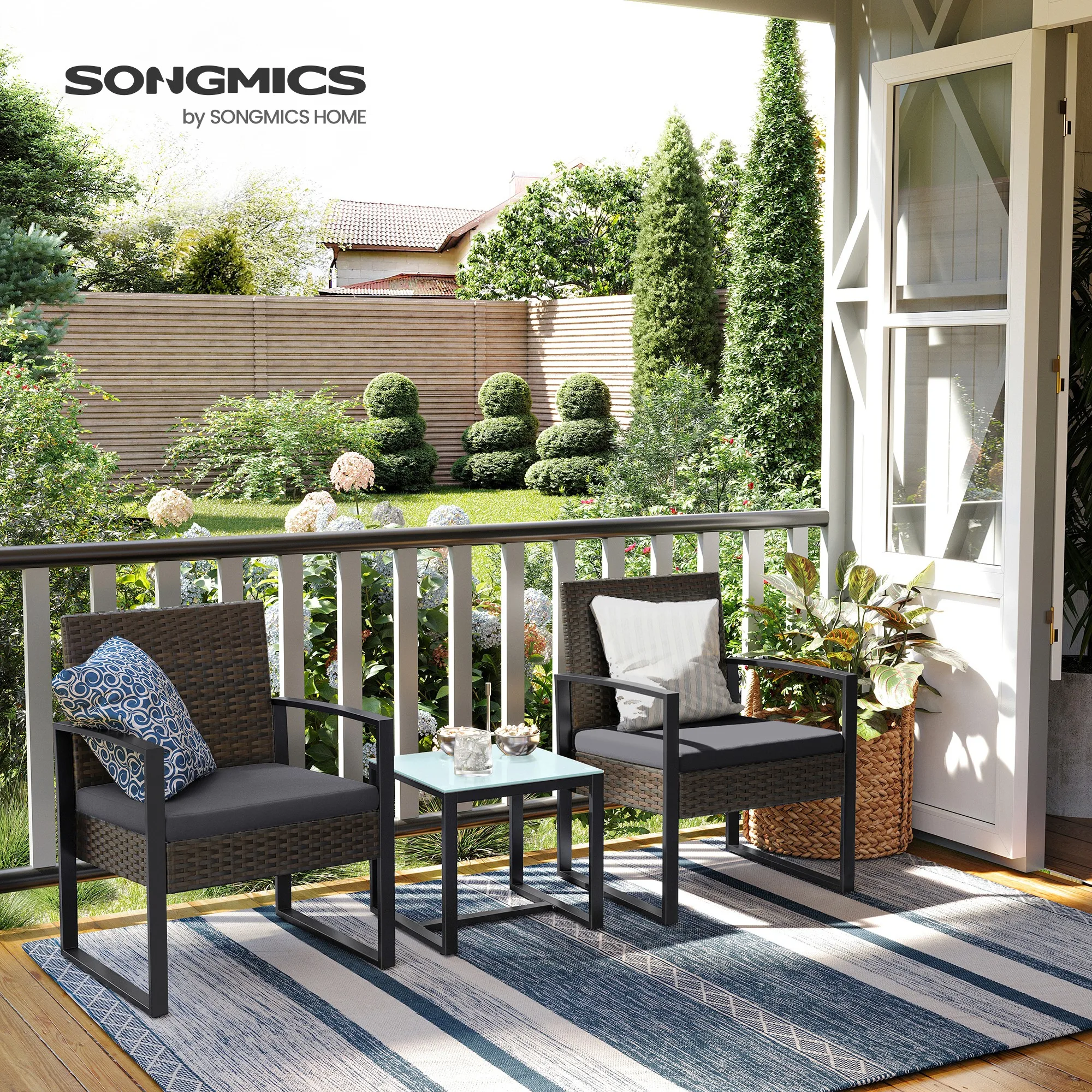 SONGMICS 3-Piece Outdoor PE Rattan Furniture Set: Bar Balcony Chairs, Easy Assembly, 2 Chairs, 1 Table, Black/Gray