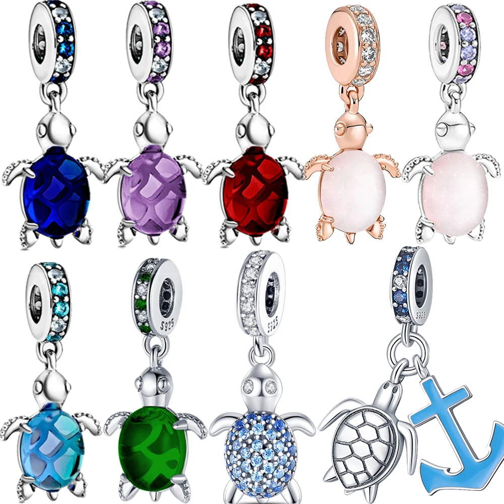 Bunter Muranoglas-Charm mit rosa und blauer Meeresschildkröte, passend für Pandora-Armbänder, 925er Sterlingsilber, Damen-Schmuckzubehör