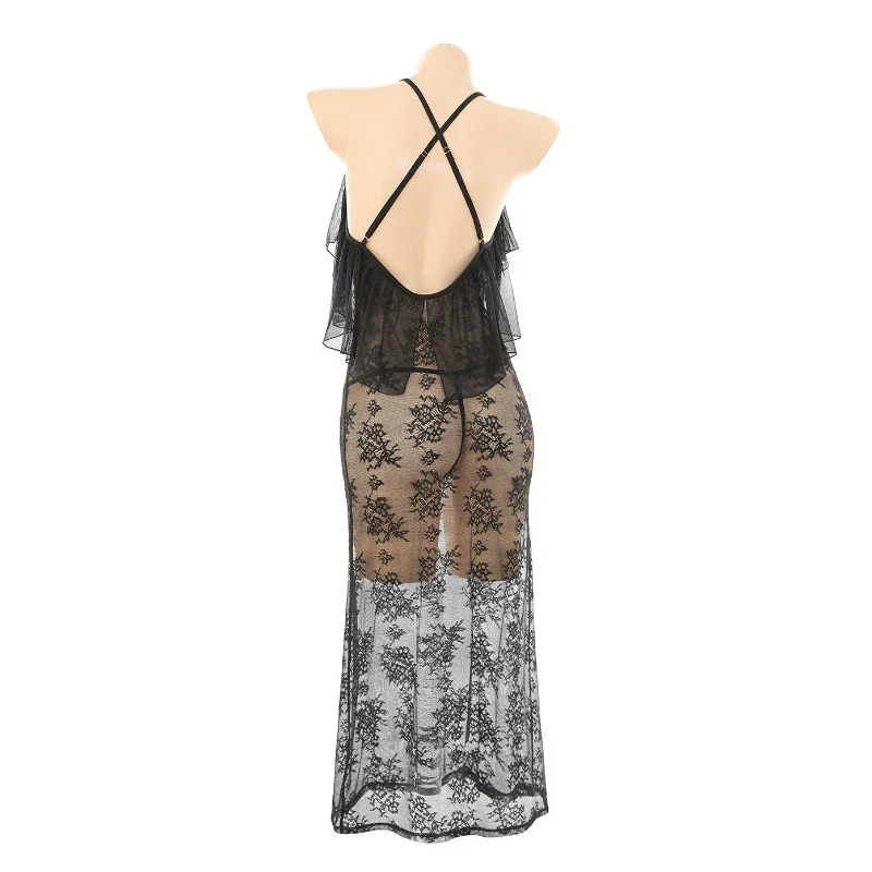 Sexy Deep V Lace Mesh See Through Dress Women Backless Black Dark Goddess Uniform Witch Role Play Outfits Nightdress Underwear