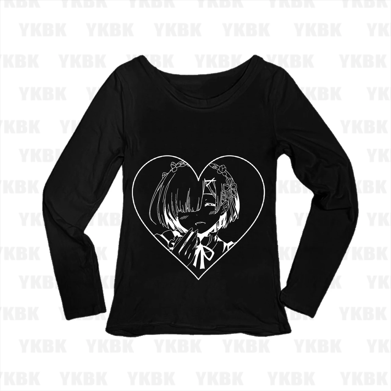 Y2K Manga Women Long Sleeve T‑shirt Re Zero Rem Heart Frame Anime Graphic Slim Streetwear Tops