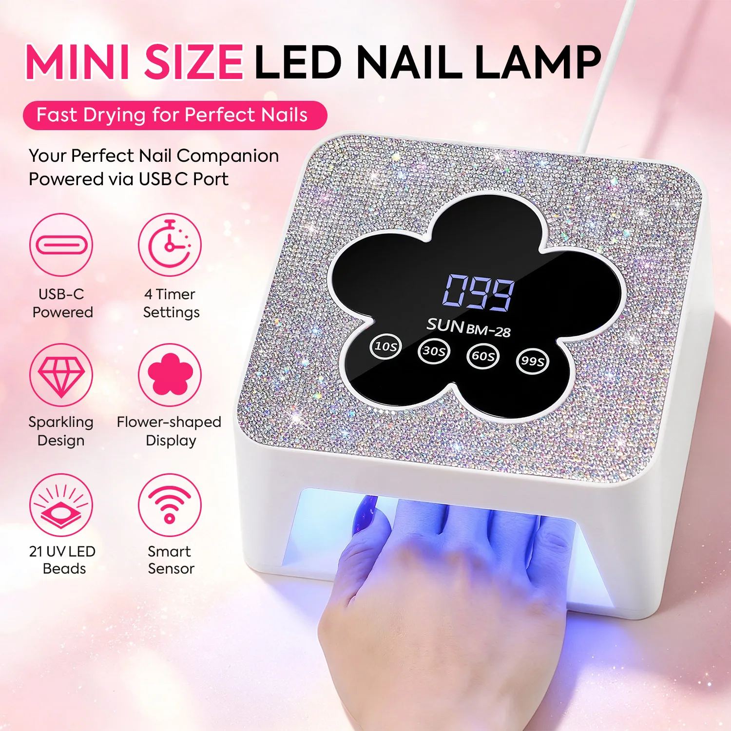 UV Nail Lamp, UV Light for Nails, Rhinestone Decor LED Nail Dryer with 4 Timer Setting, Smart Sensor USB‑C Nail Curing Lamp