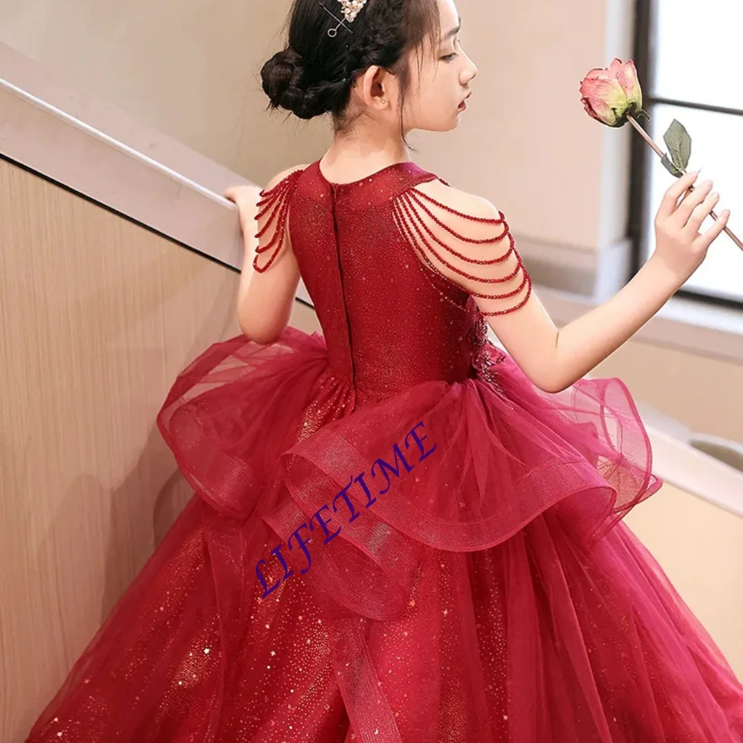 

CustomizedRed Girls' Evening Dress Summer Host Light Luxury Niche High-end Princess Dress Children's Piano Performance Costume