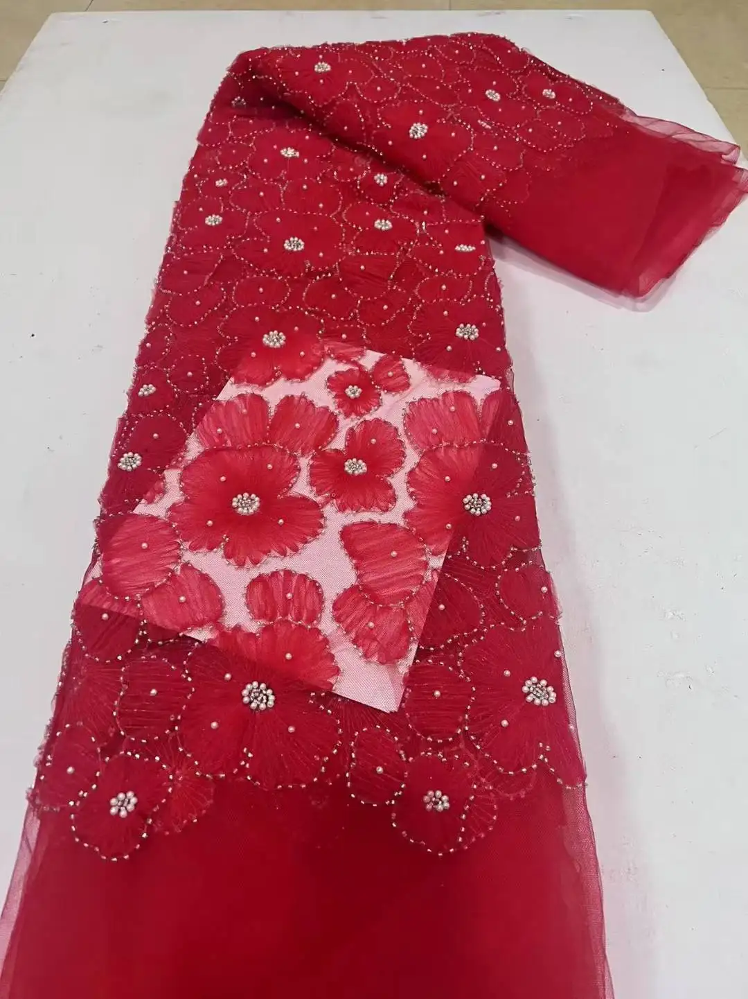 2025 African Beaded High Quality Nigerian Sequins With Pearl Lace French Tulle Lace Fabric For Party Dress Sewing