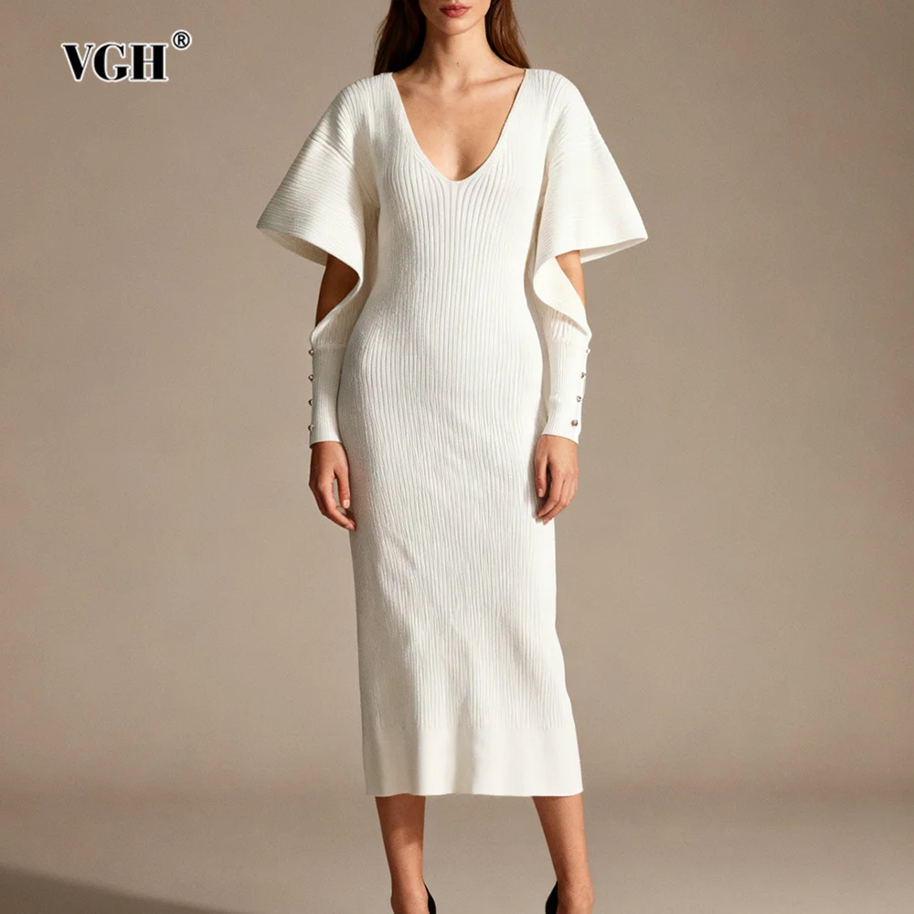 VGH Sexy Fashion Party Irregular Sleeve Mid Dress for Women Deep Neck Patchwork Cut Out Designer Knitted Bodycon Dresses Female