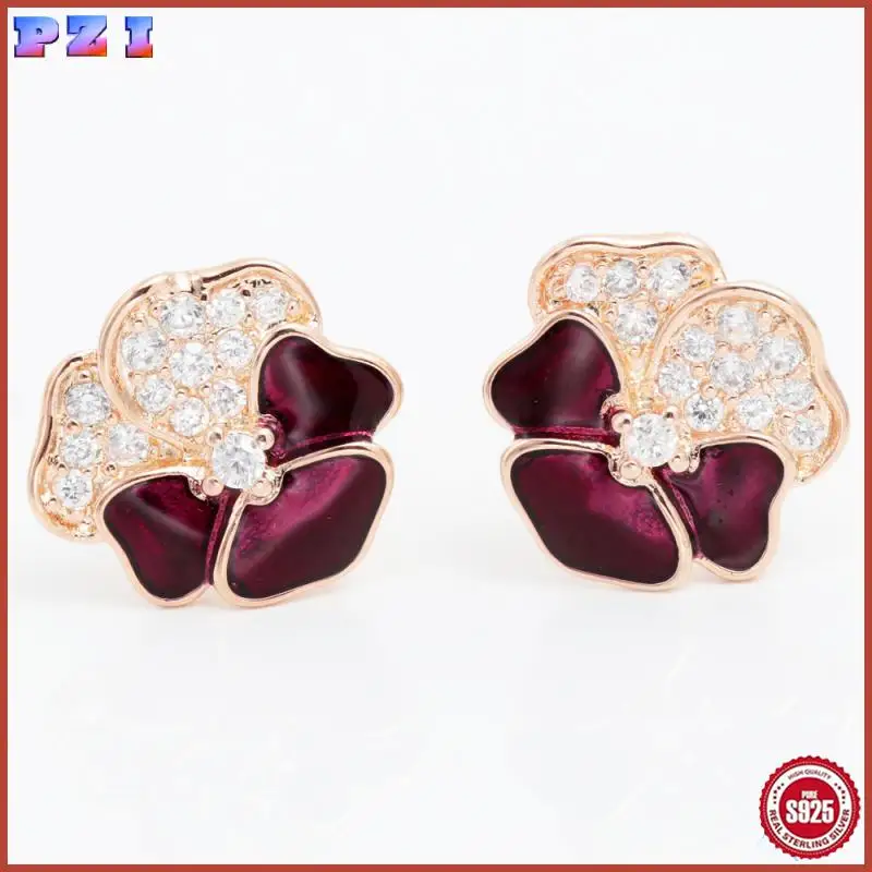 Original Authentic 925 Sterling Silver Earrings Three Colored Violet Personality Acorn Leaf Forget Me Not Earrings Women Jewelry