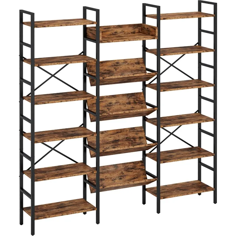 Industrial Bookshelves 6 Tiers Triple Wide Bookshelf, Large Etagere Bookshelf Open Record Player Shelves with Metal Frame