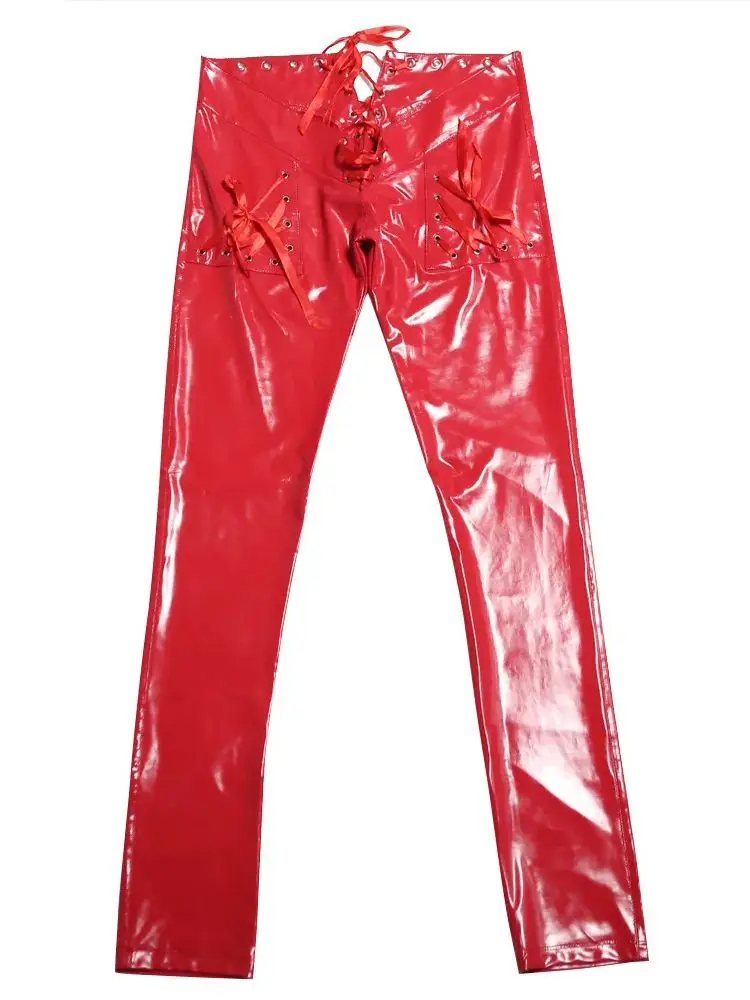 Wet Look PVC Pants Low Waist Lace Up Bandage Leggings Shiny PU Leather Sexy Trousers Tights Spodnie Pantalones Capris Clubwear