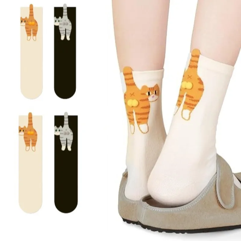 1/3 زوجًا من جوارب منتصف الساق بتصميم قطة ثلاثية الأبعاد، جوارب جديدة مضحكة باللون الأسود/الأبيض للنساء، هدية لطيفة لعيد الهالوين وعيد الميلاد، كاواي