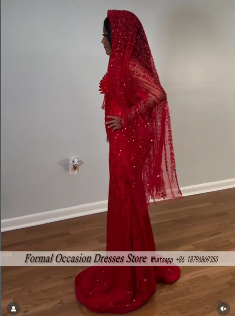 Luxury Red Prom Dresses With Veil 2026 Sequin Beading Black Girls Evening Dress 2025 Sleeveless Birthday Party Gowns Customized image 2