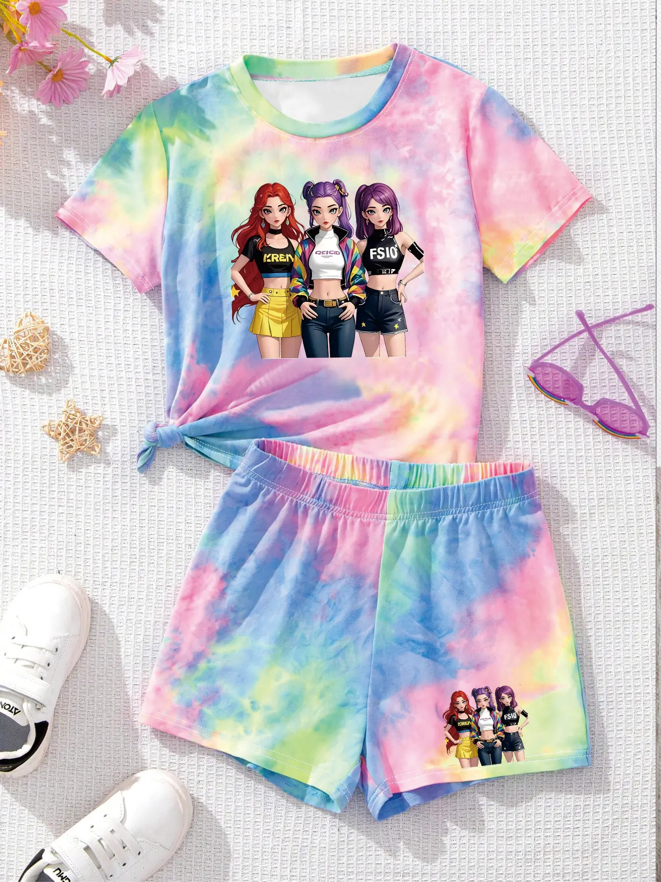 2-teiliges Set mit Batik-Anime-Print für Mädchen: T-Shirt & Shorts, Sommerliches Casual Streetwear-Outfit