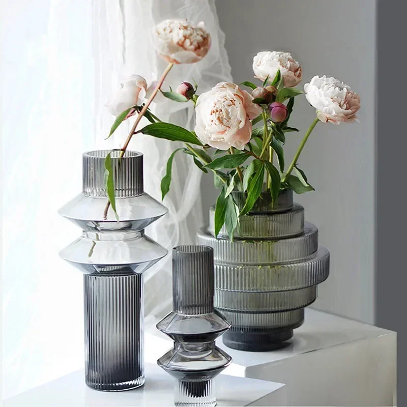 Modern Personality Gray Glass Countertop Vase Creative Modeling Living Room Flower Arrangement Home Decoration Accessories