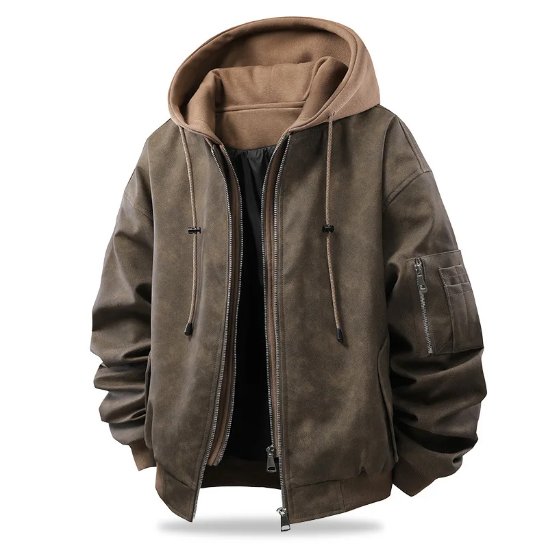 American Retro Fake Two Piece Leather Jacket Men Hooded Faux Leather Coat Loose Bomber Jackets Man Loose Daily Windproof Outwear