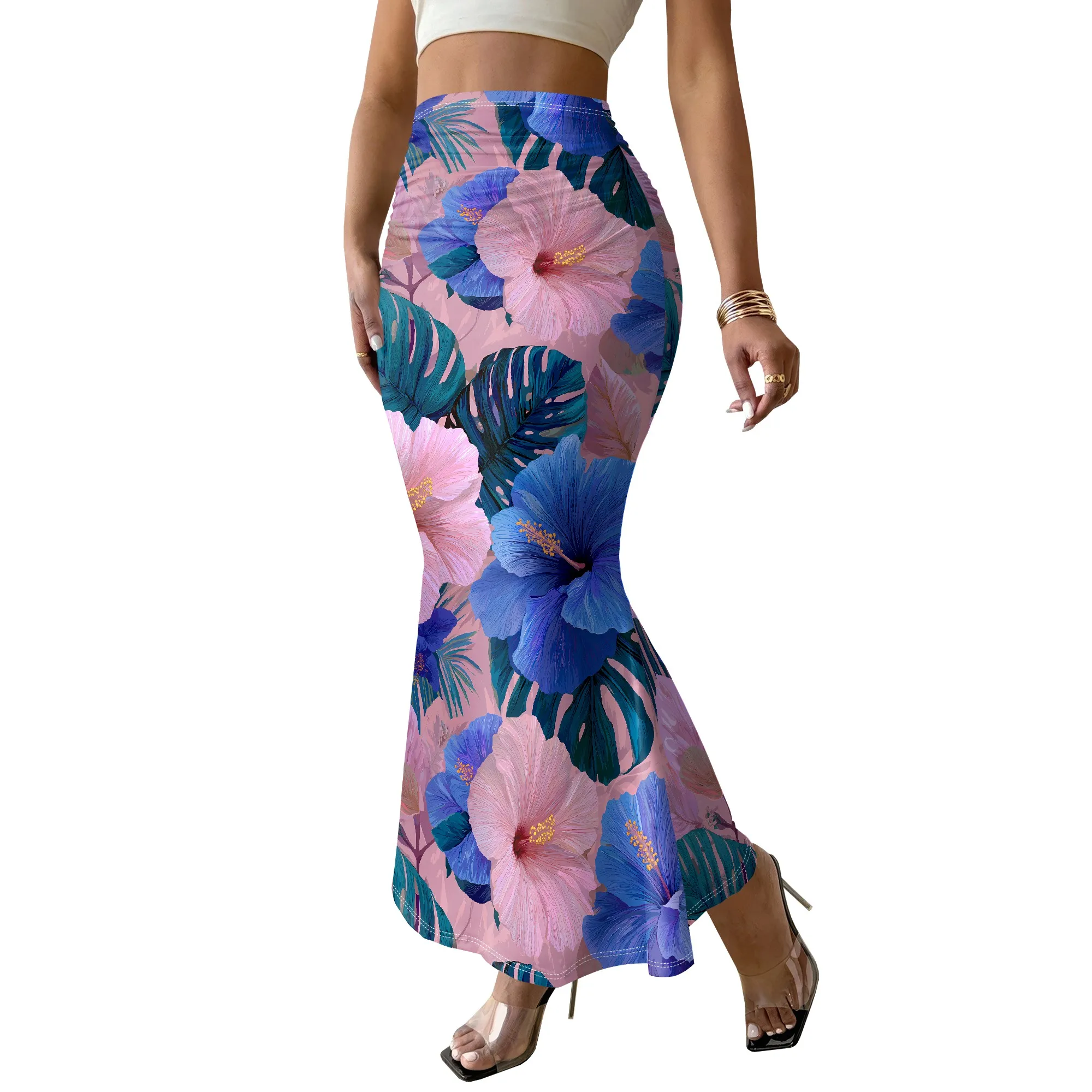 Floral Print Skirt, Tropical Hibiscus Pattern, High Waist Mermaid Style, Beach Vacation Wear, S-3XL