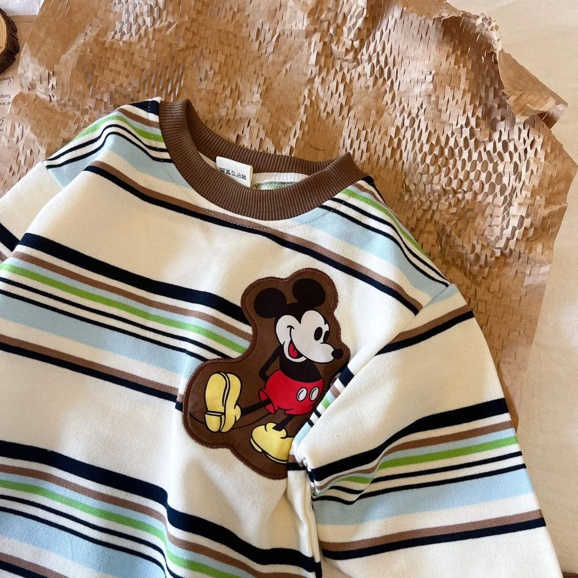 Baby Boy Girls Sweatshirt 2024 Spring Autumn Kids Cartoon Mickey Mouse Contrasting Striped Long Sleeved T-shirt Children Clothes