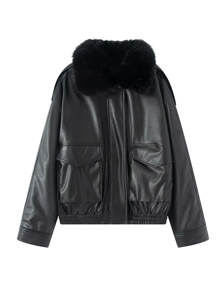 Women Faux Leather Jacket Long Sleeve Fluffy Fur Splice Collar Short Coat 2026 Winter Elegant Street Outfit Fashion Casual Loose