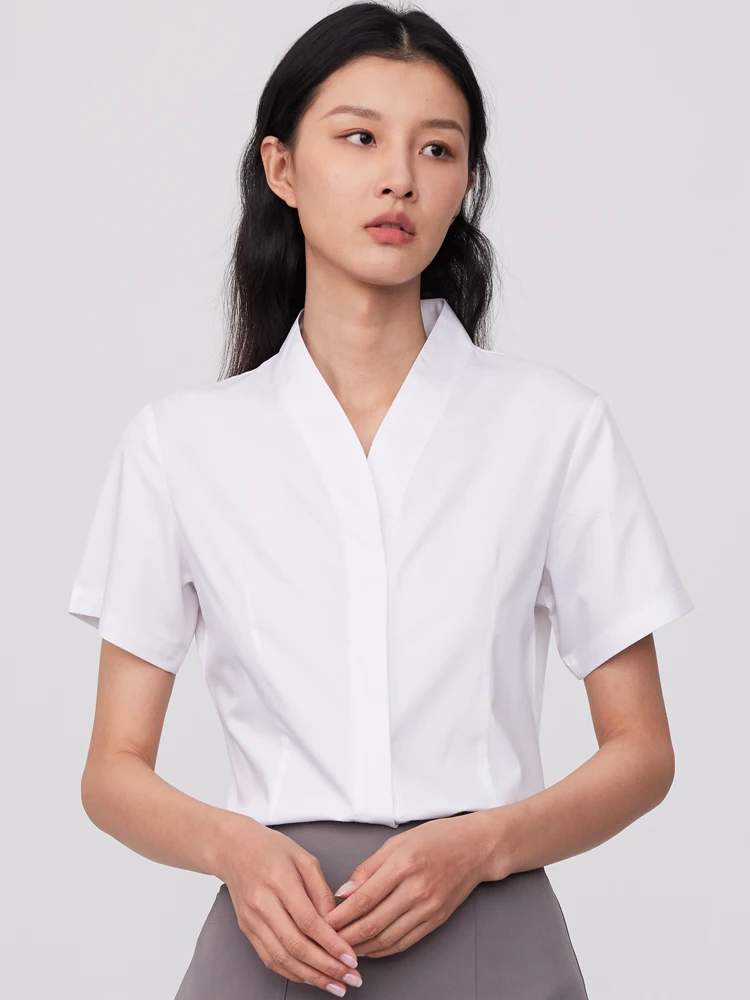 Ladies Office Summer Short Sleeve V-Neck Dress Shirts Without Pocket Hidden Buttons Placket Slim-fit Female Blouses White Shirt