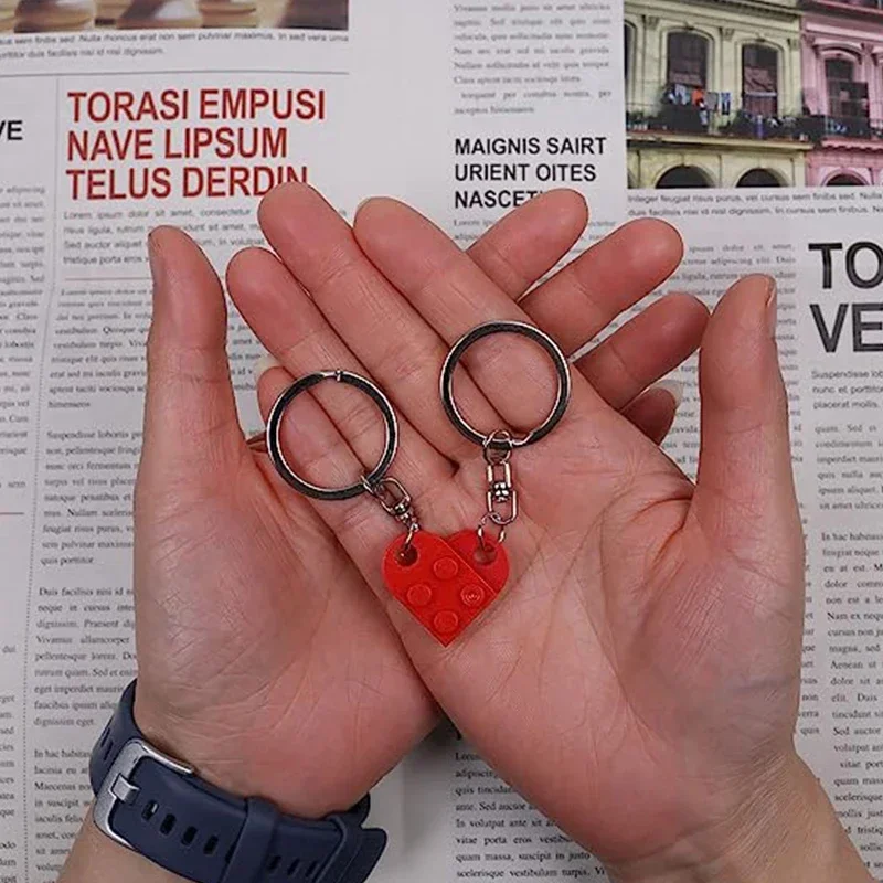 New Brick Keychain for Couples Friendship 2pcs Matching Heart Colorful Keyring Set for Girlfriend Boyfriend Valentine\'s Day Gift