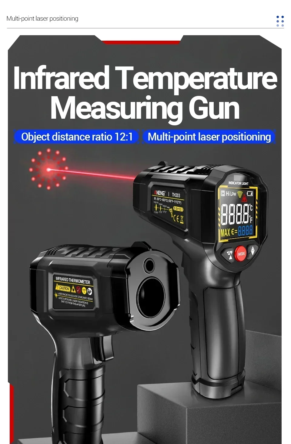 TH203 Infrarot-Thermometer, einstellbare Emissionsfähigkeit, berührungslose Temperaturmessung 50 ° C~600 ° C-Pyrometer IR-Hygrometer für Industrie und Haushalt – Detail 2