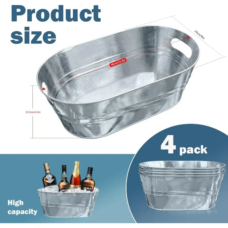 4 Gallon Galvanized Tub with Carry Beer Drink Storage Cooler Metal Beverage Ice Tub Galvanized Ice Buckets for Party