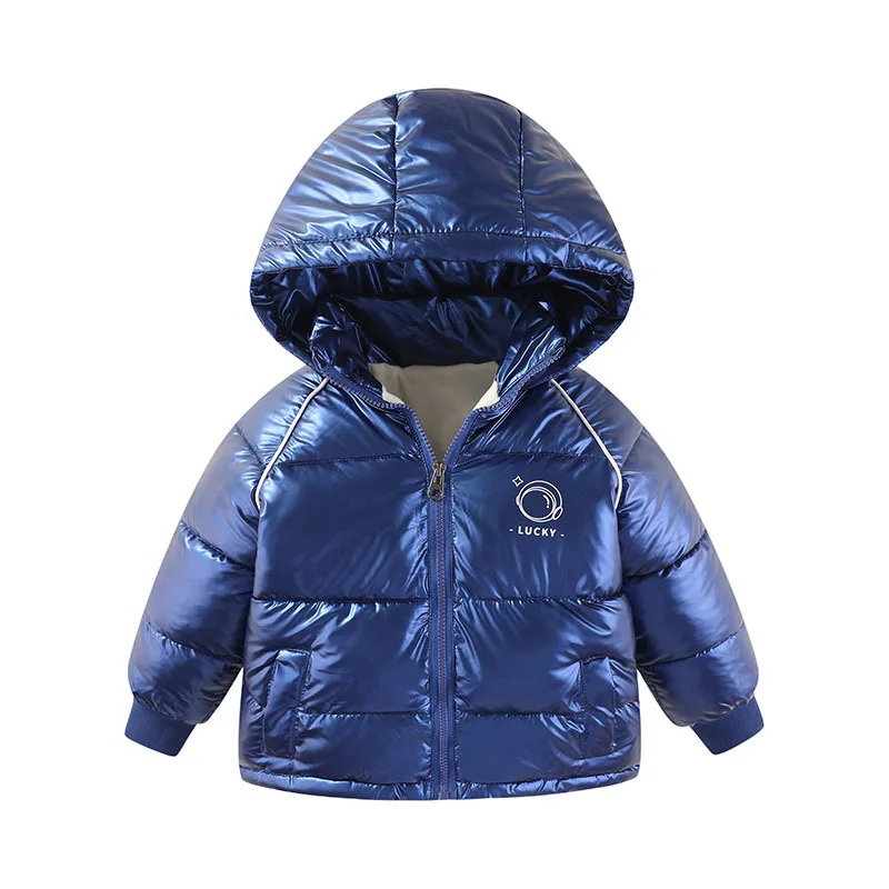 2023 Winter Boys Jacket Solid Color Glossy Cartoon Pattern Lining Plush Keep Warm Coat For 1-6Y Girls Hooded Down Cotton Outwear