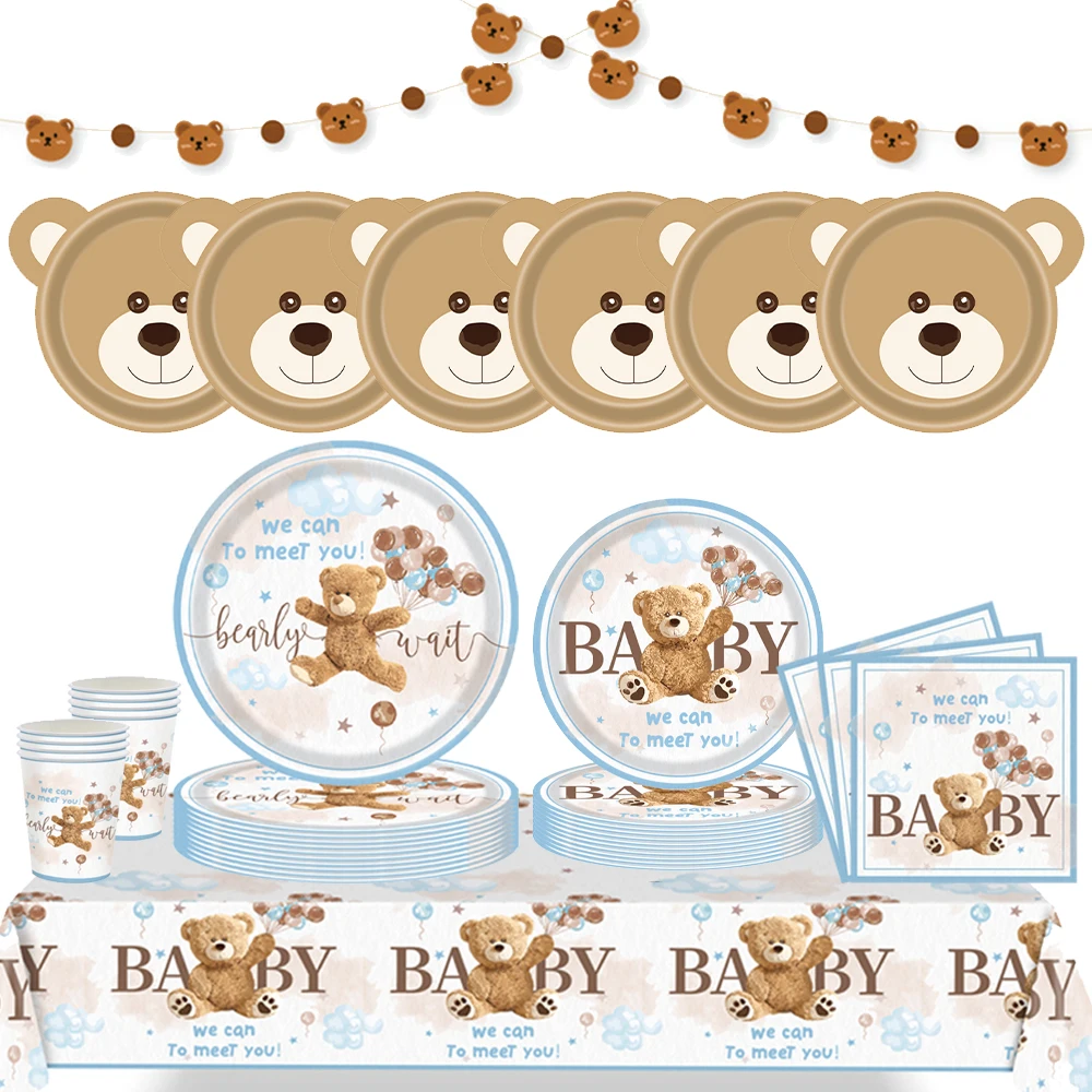Cartoon-Bären Einweggeschirr Teller Servietten Banner We Can Bearly Wait Babyparty-Zubehör Kinder Bären-Geburtstagsparty-Dekorationen – Detail 6