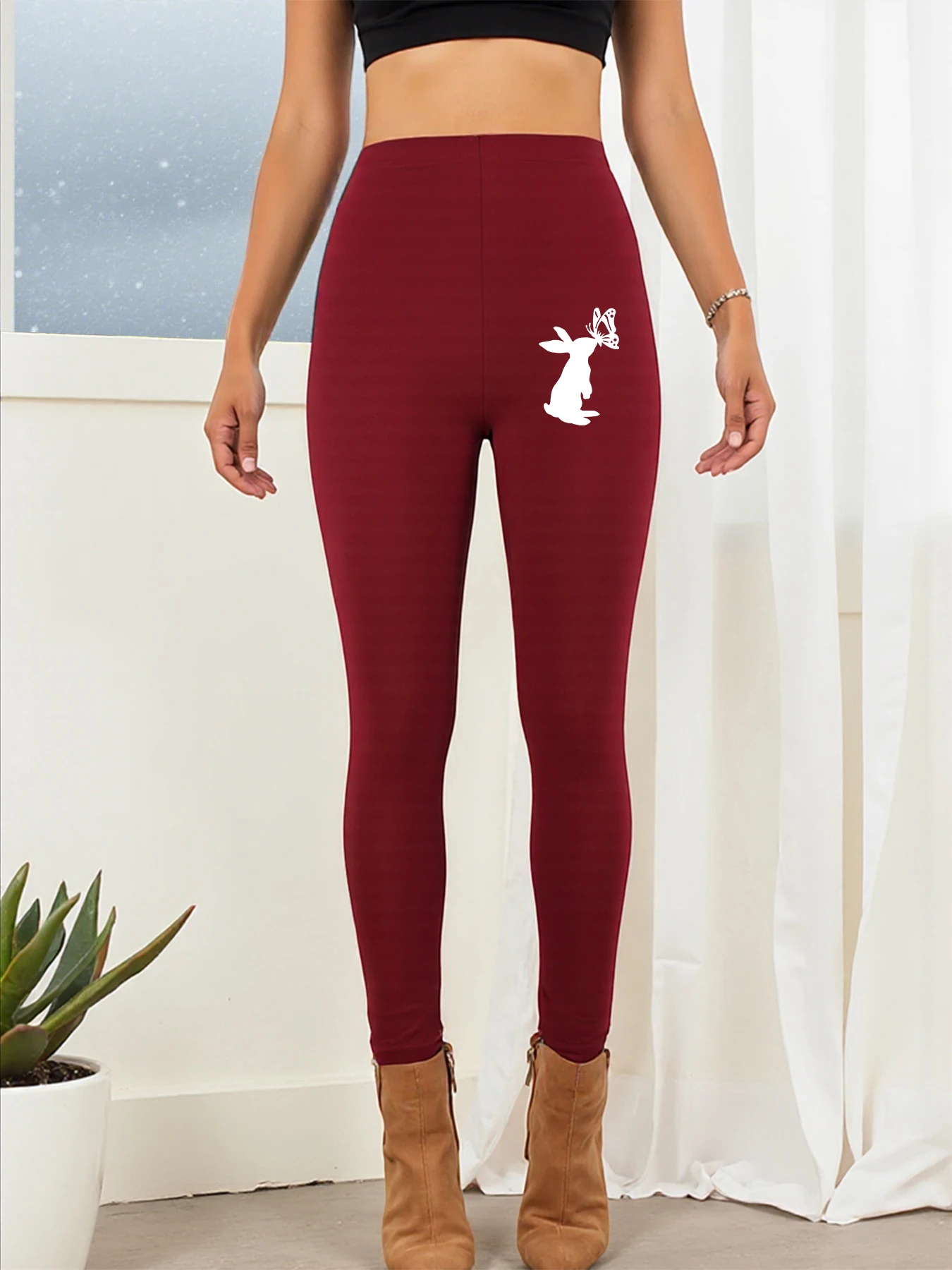 Leggings stampati con farfalla e coniglio in piedi Donna Addensare Pantaloni alla moda Allenamento Abbigliamento sottile Collant comodi per capispalla