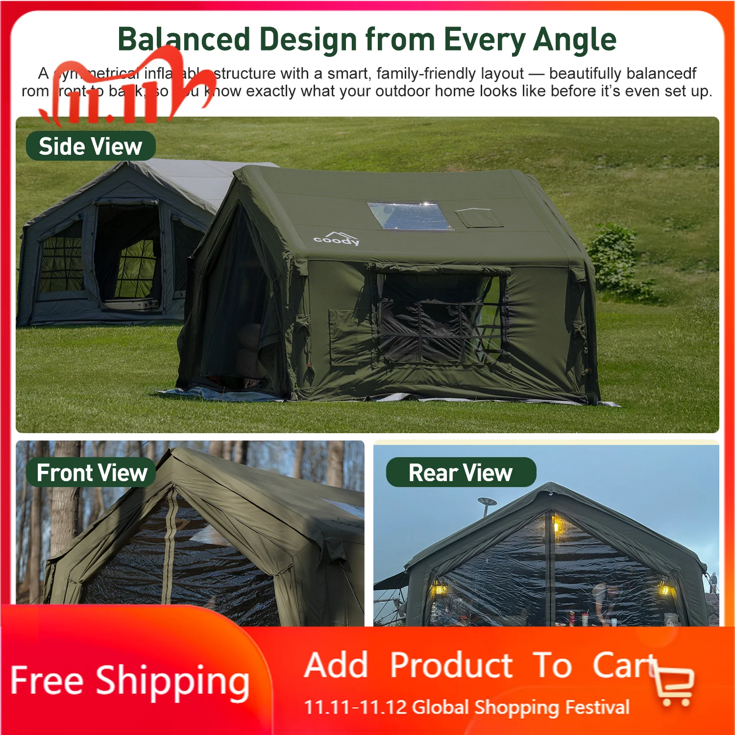 Coody 10.0 Army Green Inflatable Tent Luxury Large Cotton Fabric Shelter For Family Outdoor Camping