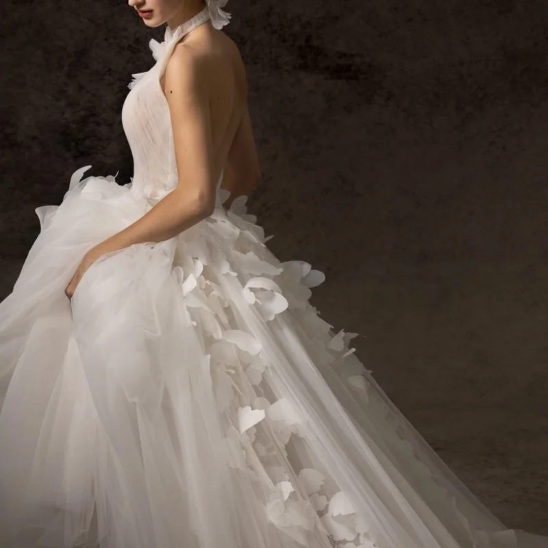 فساتين زفاف بيضاء خارج الكتف مشد صائق 3D فراشة صائق تنورة فساتين الزفاف متعدد الطبقات صنع ﻿ تخصيص