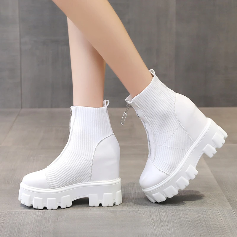 2024 New Winter Ankle Boots Women Quality Platform Boots Female Fashion Short Boot Black 11cm High Heel Zip Women Sock Shoes