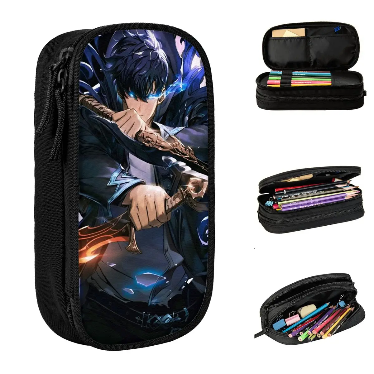 Solo S-ung Jin-woo Leveling Pencil Case Anime Pencilcases Pen Holder Kids Large Storage Bag School Supplies Gifts Stationery