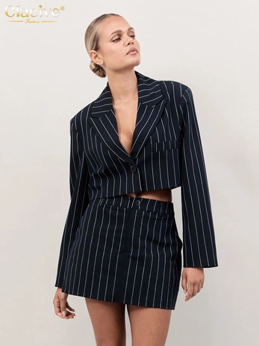 Clacive Fashion Loose Black Stripe Women\'s Two Pieces Set 2025 Elegant Long Sleeve Crop Shirt With High Waist Mini Skirt Set