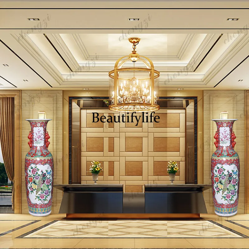 Jingdezhen ceramic hand-painted pastel binaural double-sided floor-to-ceiling antique large vase hotel living room decoration