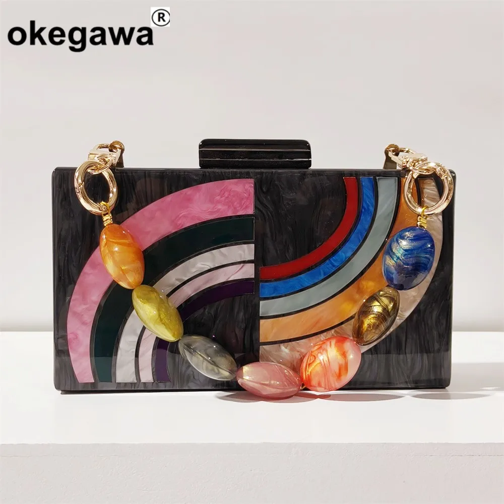 

Rainbow Colorful Striped Acrylic Box Clutches Evening Bag Women Luxury Wedding Party Prom Handbag Lady Fashion Mini Female Flap