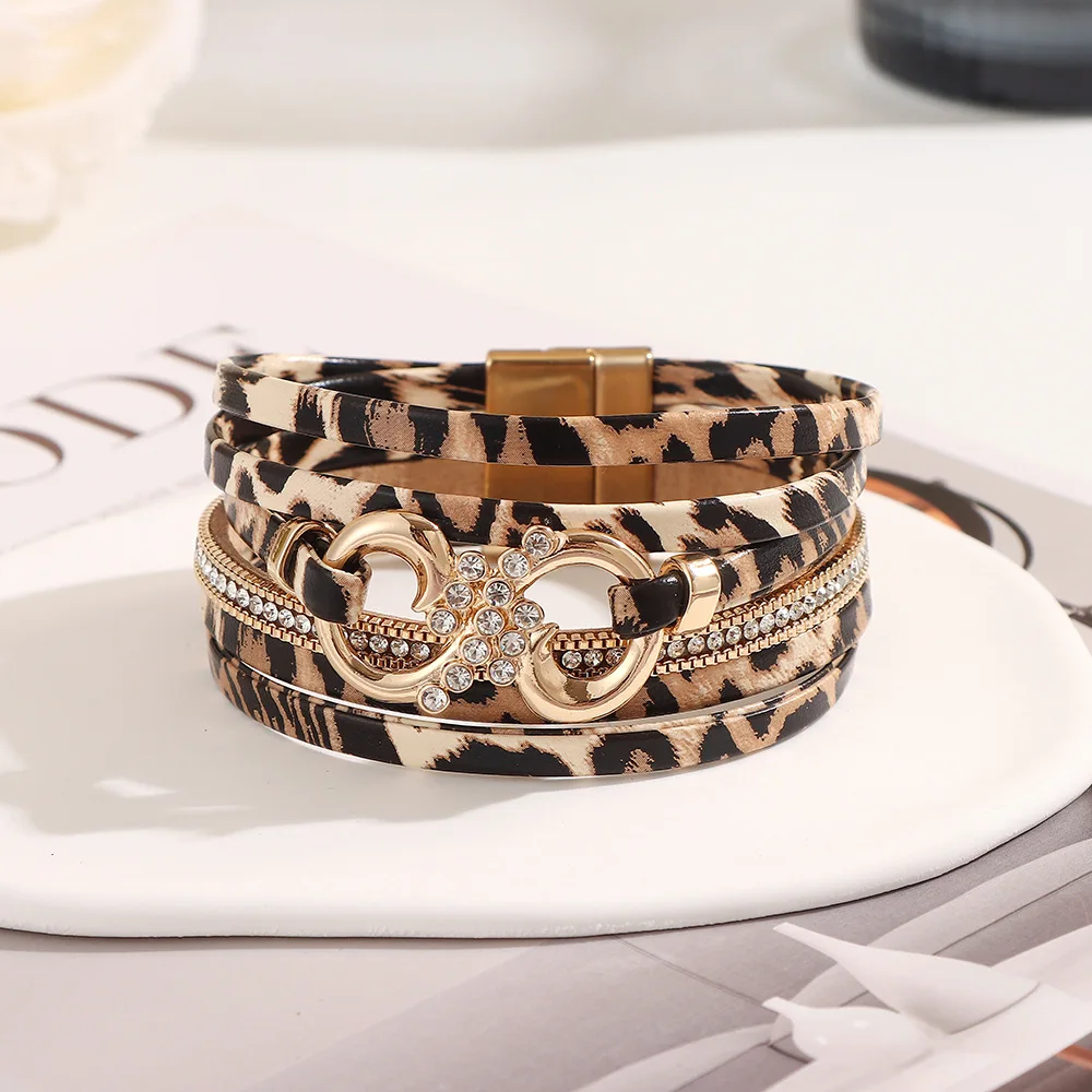 Fashion Multi-layer PU Leather Leopard Print Bracelets Female Wireless Symbol Inlaid Rhinestone Geometric Bangles Wristband