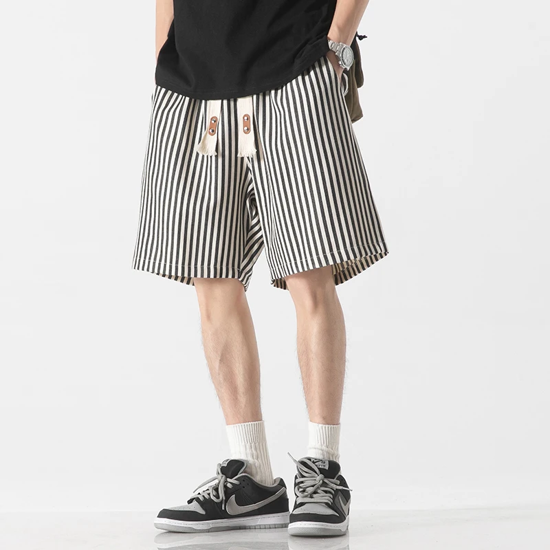 Korean Simplicity Summer Casual Shorts Men\'s Striped Elastic Waist Drawstring Pockets Youthful Vitality Loose Knee Length Pants