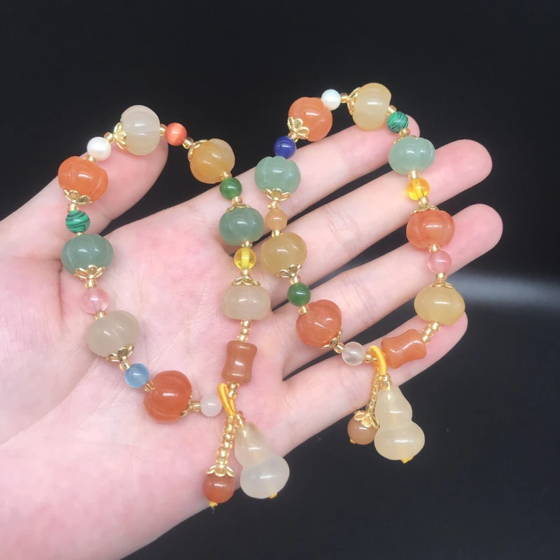 natural Xinjiang gold silk jade pumpkin bead bracelet, colorful jade multi-treasure gourd bracelet, transshipment bamboo women