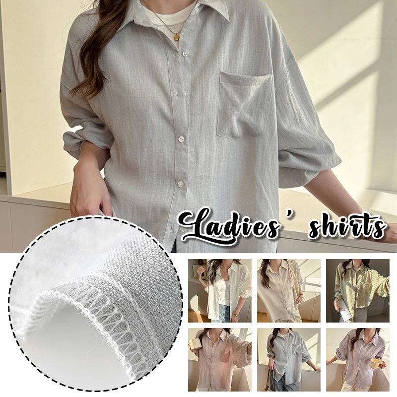 

Summer Loose Single Breasted Sunscreen Shirt Women Turn Down Collar Pocket Solid Color Blouse Woman Comfort Thin Linen Shirts