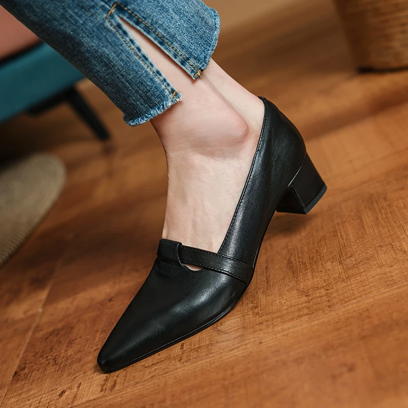 Women Pumps French Style Cowhide Simple Shoes T-Strap Woman Simple Shoes Pointed Toe Lady Spring Autum Retro Pumps