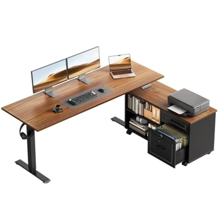 55 L Shaped Electric Standing Desk with Cabinet Sets, Walnut, for Home Office, Engineered Wood, Warm Brown, Height Adjustable w