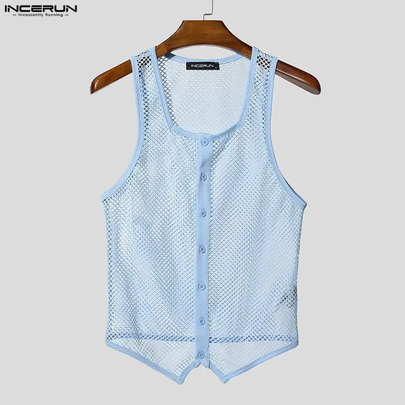 INCERUN Herren Tanktops Mesh Hollow Out Ärmellos Sommer Einfarbig Herrenkleidung Streetwear Sexy Westen Durchsichtige Modische Oberteile für Männer