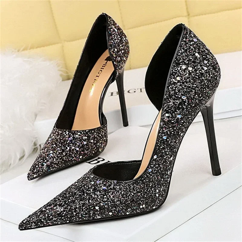 BIGTREE Sexy Stripper Pointed Toe Banquet Woman Pumps Stiletto High Heel Shallow Side Hollowed Out Glitter Sequin Wedding Shoes