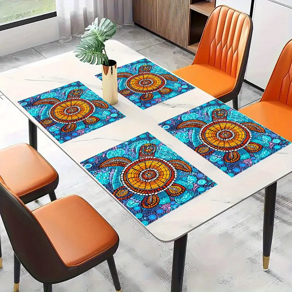 Of 4 Placemats Featuring Aboriginal Australian Turtle Designs in Dot Art Style Perfect for Dining Tables Kitchens