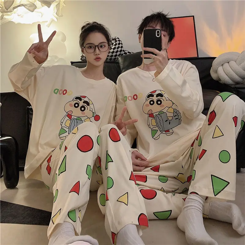 Couple Pajamas Crayon Shin-Chans Spring Autumn Loose Set New Anime Kawaii Good Texture Soft Comfort Girls Boys Gifts Lovely