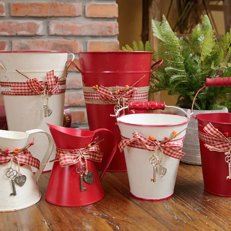 Exquisite Pastoral Wind Iron Flower Ware Simulation Flower Arrangement Storage Bucket Grid Bow Home Decoration Decoration Vase