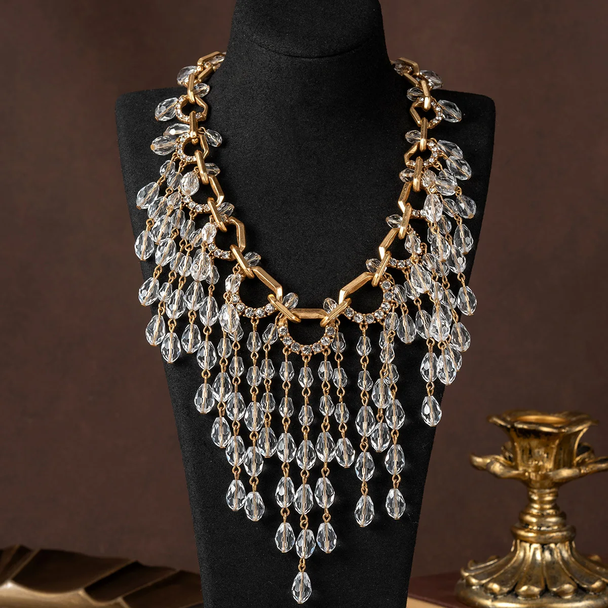 Vintage Heavy Industry Clear Glass Beads Tassel Necklace Light Luxury Temperament High-end Clavicle Chain Medieval Necklace
