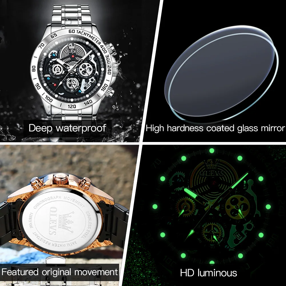OLEVS Mens Watches Top Brand Luxury Chronograph Quartz Watch Men Sport Stainless Steel Waterproof Wristwatch Relogio Masculino