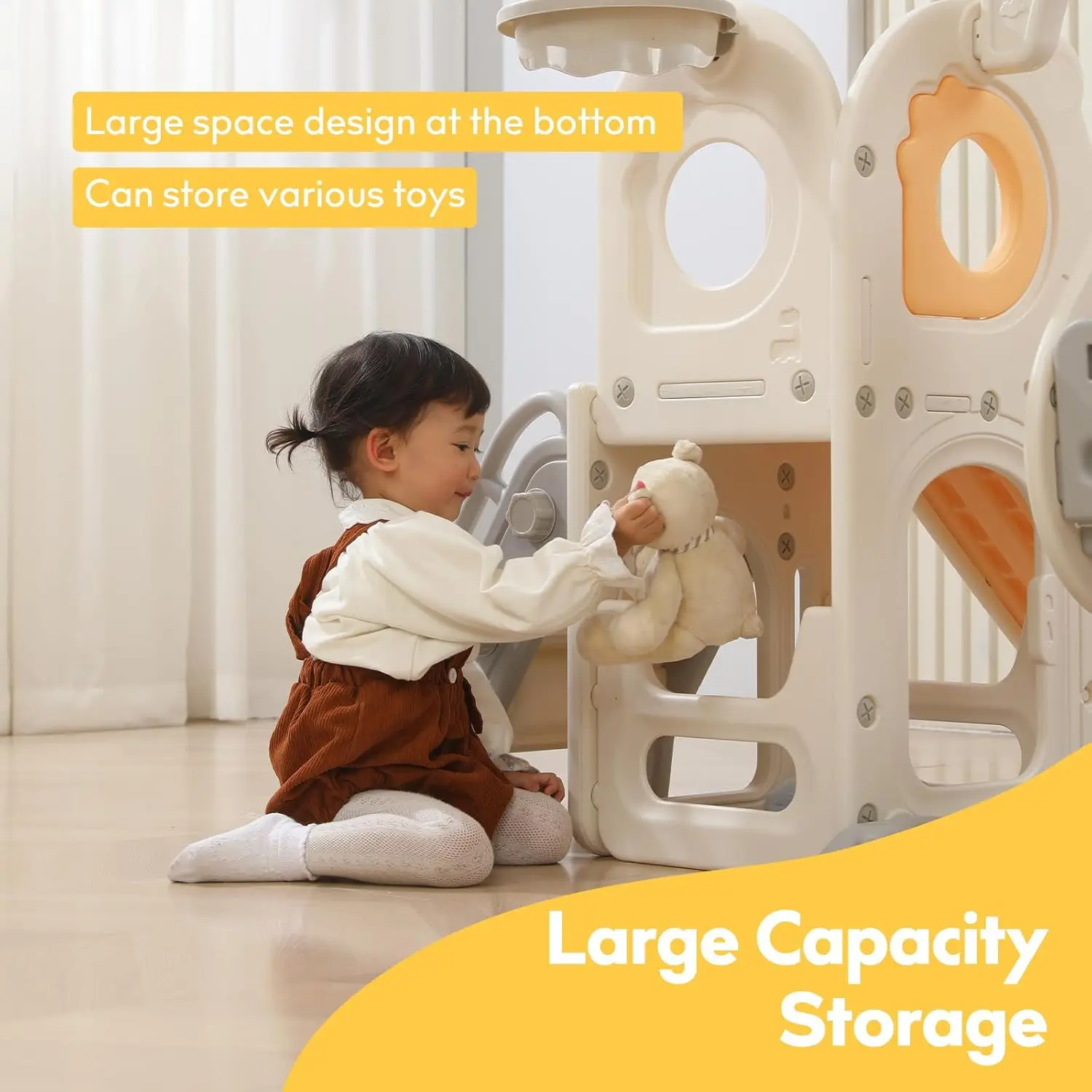Scivolo per bambini indipendente con set altalena, scivolo da interno per bambini 6 in 1 per bambini 1-3, scivolo a forma di L con canestro da basket, baby sl