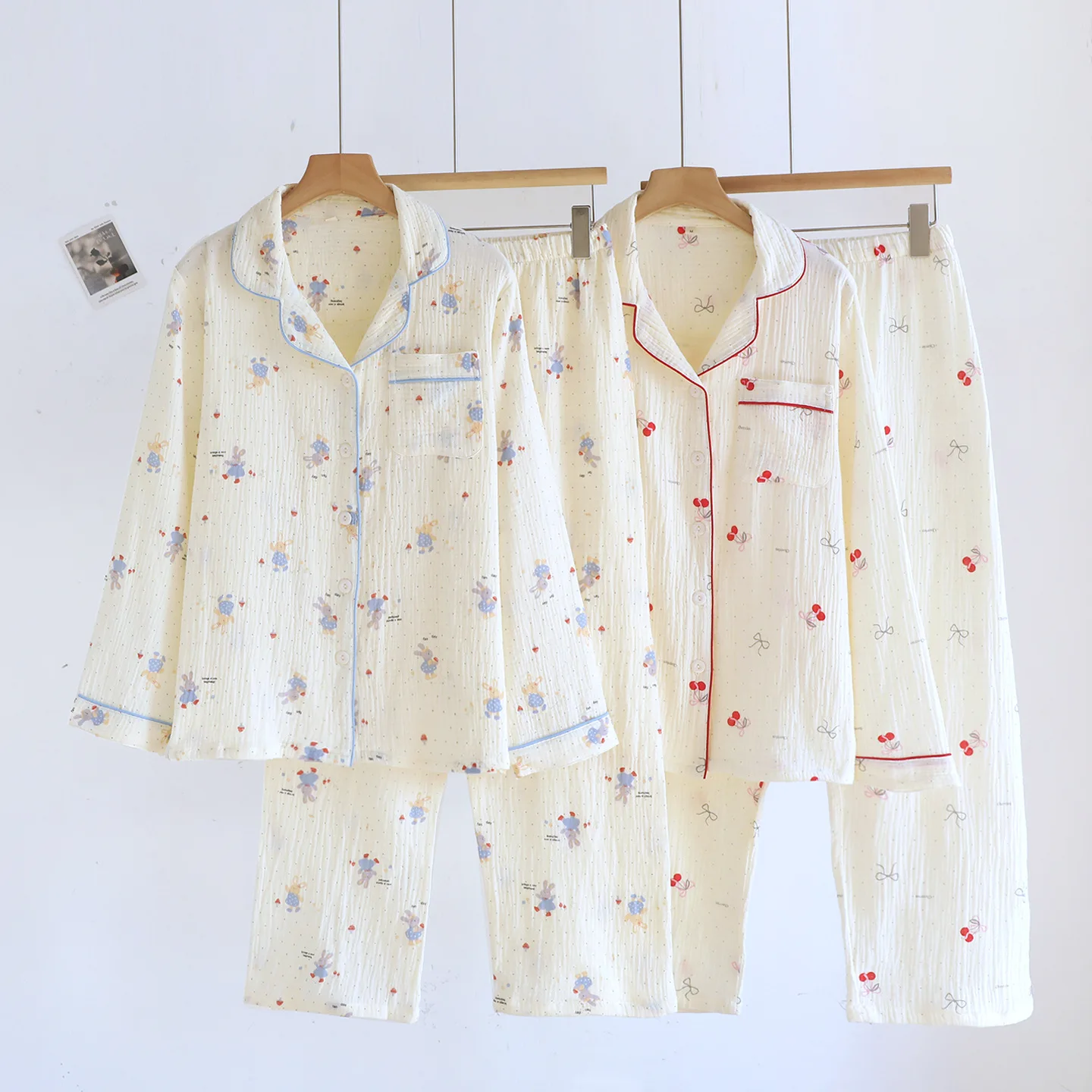 Women Pure Cotton Gauze Pajama Set Soft Breathable Long Sleeve Small Floral Print Lace Trim Lapel Loungewear Sleepwear