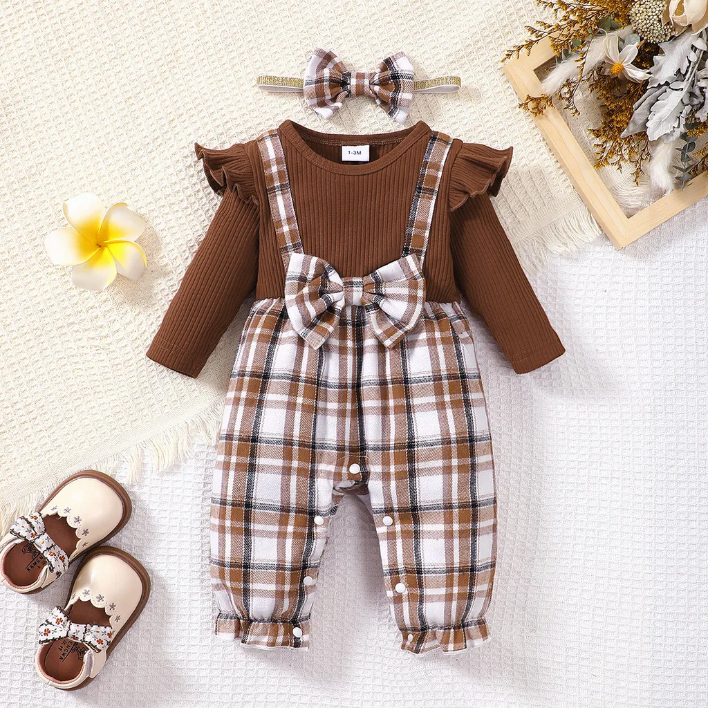 

2PCS Baby Girl Clothing Long Sleeve Plaid Romper+Headband Spring &Autumn Baby Onesie Toddlers Daily Wear for Infant1-18Months
